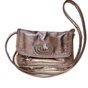 Fossil Champagne Silver Metallic Leather Crossbody Bag Brushed Nickel Pockets EC